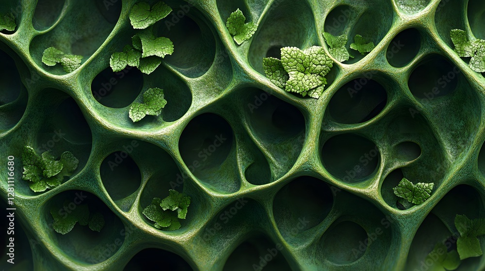 Poster Close-up of an abstract green organic structure with small green leaves embedded within its porous surface. Abstract Green Organic Structure with Embedded Foliage