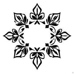 Floral: A stylized symmetric, black and white mandala of ornate stylized leaf pattern.
