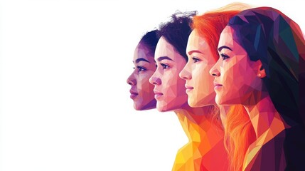 Low poly illustration. Group of 5 women looking in one direction on white background. Space for text