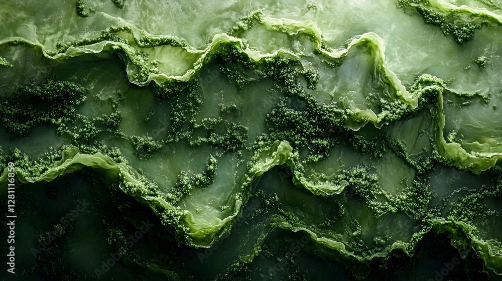 Poster an abstract image depicting a vibrant green landscape with textured, flowing forms. it evokes a sens