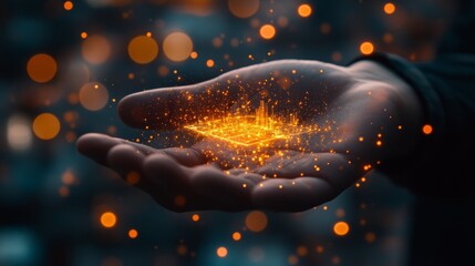 A Hand Holds a Glowing Digital City, Representing Future Technology and Innovation. Smart City Network Concept.