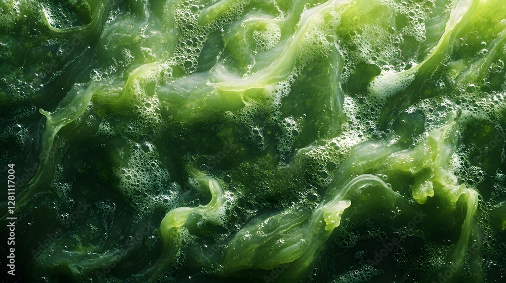 Poster Close-up of a swirling green liquid with bubbles, creating an abstract and organic texture. Nature inspired art. Abstract Green Swirl: A Textured Masterpiece of Nature's Art