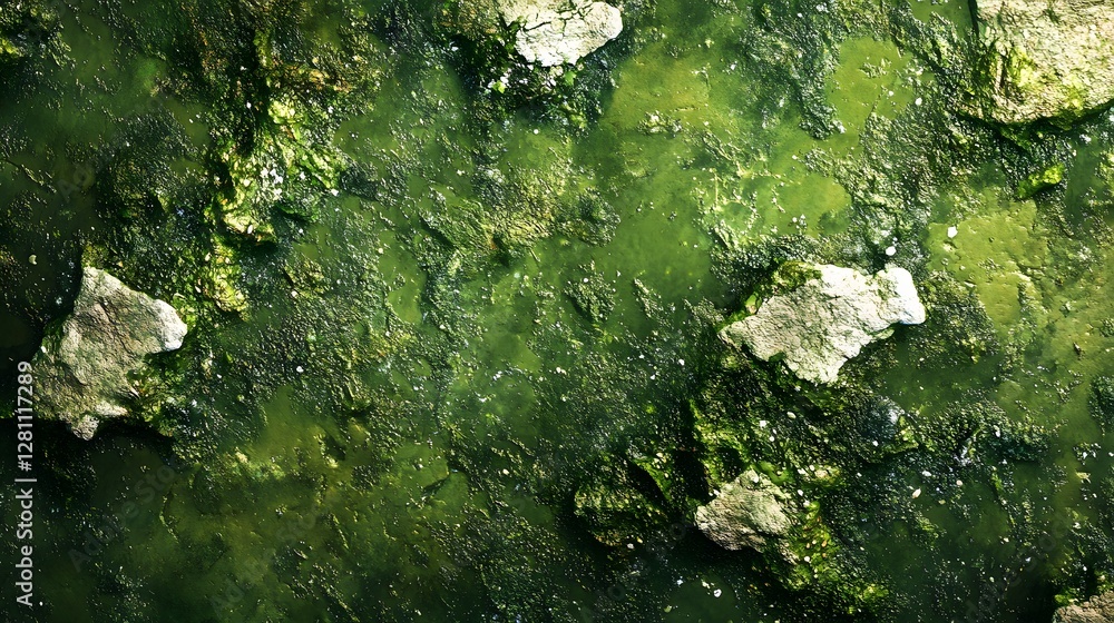 Poster an overhead shot revealing a dense layer of green algae covering rocks in calm water. the scene is d