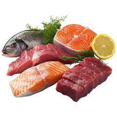 Fresh assorted fish and meat, white isolate background