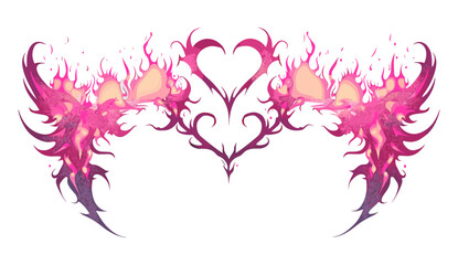 Neo tribal pink emo heart with wings and flame, vector y2k aesthetic tattoo, gothic fire, abstract silhouette, cyber body ornament, web goth decoration, divider, border, dark grunge, punk emblem