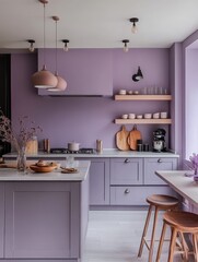 Modern purple kitchen features a stylish modern and bright design