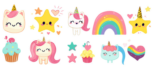 Vector Pastel Pony Unicorn, Cute cartoon unicorn collection in various poses, Magic items, Fantasy style, Hand drawn doodles, Pony vector illustration, Fairy tale animal, Adorable unicorn art,