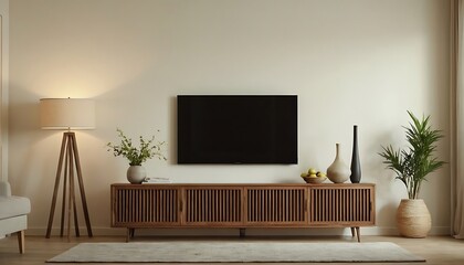 Modern Living Room Interior With Smart Tv, Sofa, Floor Lamp And Potted Plant,Modern Living Room Interior With Television Set, Sofa, Armchair, Floor Lamp And Coffee Table,9456