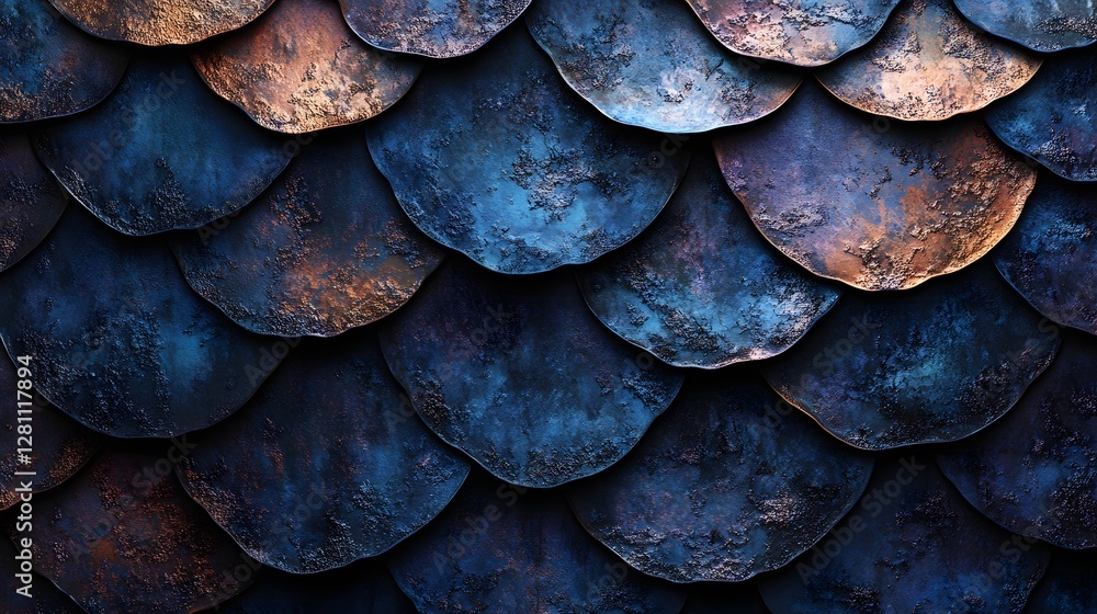 Aufkleber close-up view of a textured surface resembling overlapping metallic scales in shades of dark blue an