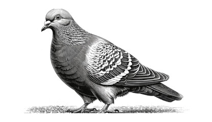Pigeon dove bird, vector sketch, animal engraving, black and white image, fictional character, scratch board imitation, vector illustration, wildlife, hand-drawn, monochrome, artwork