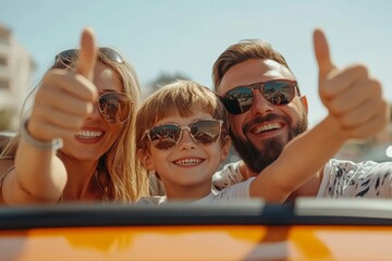 Happy family of three, mother, son and father driving car, woman and boy showing thumbs up in open window, enjoying time together at weekend, Generative AI