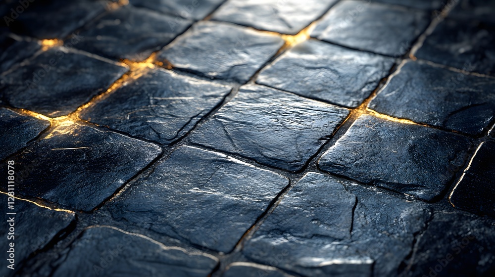 Poster close-up view of glowing cobblestones at night. a mystical and atmospheric scene. glowing cobbleston