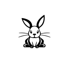 Black-and-white minimal rabbit illustration featuring a frontal view, minimalist, sitting, clean, simple.