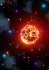 Futuristic burning planet with colored stars in the outre space. Glowing star in the background. Fictional galaxy, planets and outer space concept. 3D illustration