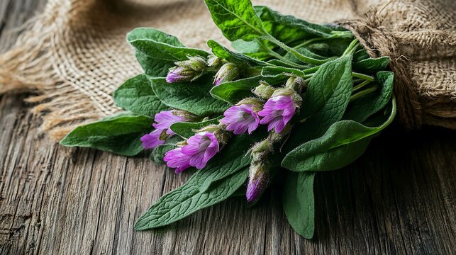 Fresh comfrey herb on a rustic wooden surface, known for its anti-inflammatory properties and use in treating arthritis and skin conditions