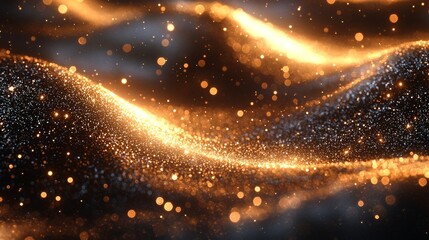 Horizontal luminous line emitting ethereal golden light, accompanied by upward streaming light beams, floating light particles amid darkness, an atmospheric ray casting effect, and a celestial