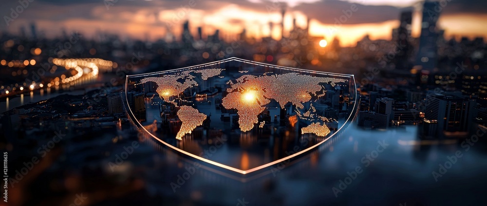 Poster visual representation of data protection in a modern setting as a high-tech shield