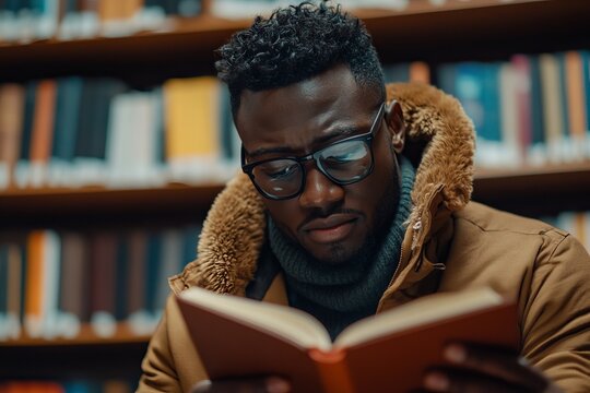 Focused graduate black male student immerses in exam preparation, reading intently in university library with an atmosphere of academic pursuit, Generative AI