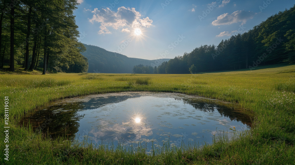 Poster a serene landscape featuring a reflective pond surrounded by lush greenery, under a bright sky with 