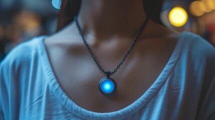A person wears a glowing digital therapy necklace that promotes mindfulness and mental health, perfect for telemedicine discussions in an evening setting.