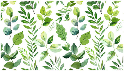 Seamless pattern of eucalyptus, palm, fern, foliage, branches, green leaves, herbs, tropical plant, hand drawn watercolor, fresh beauty, rustic, eco friendly, botanical, floral, nature, textile