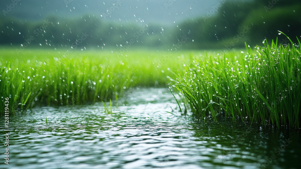 Poster lush green grass by a serene water body, with soft rain droplets creating ripples, capturing a tranq
