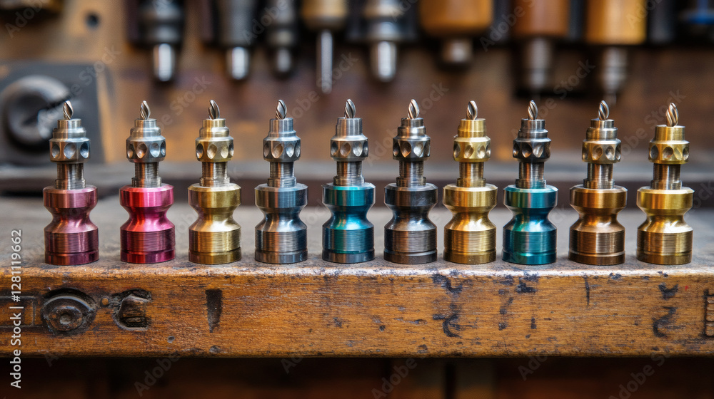 Poster a row of colorful, metallic tools displayed on a wooden surface, showcasing craftsmanship and precis