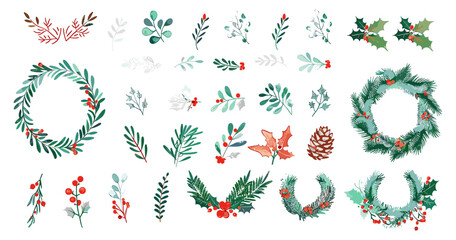 Christmas vector set with leaves, branches, berries, pine cones, round wreath frame, modern style illustration, festive elements, holiday decor, winter clipart, Xmas botanical design