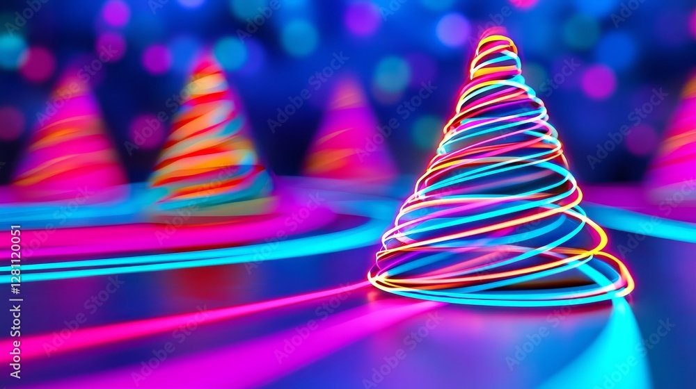 Poster retro futurism vaporwave design with copy space featuring glitched cyber xmas trees on a futuristic 
