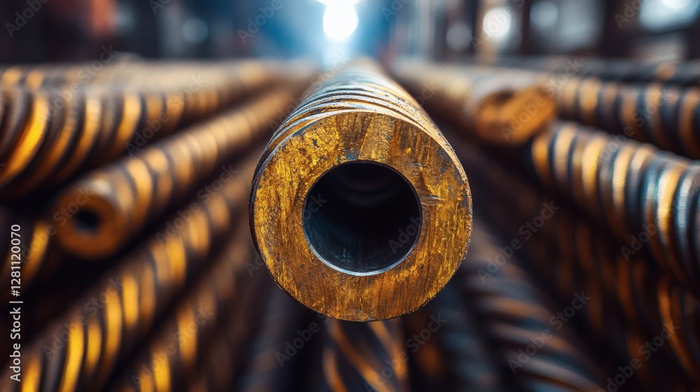 Poster a close-up image of steel pipes displaying a shiny, textured surface, with a focus on the hollow end