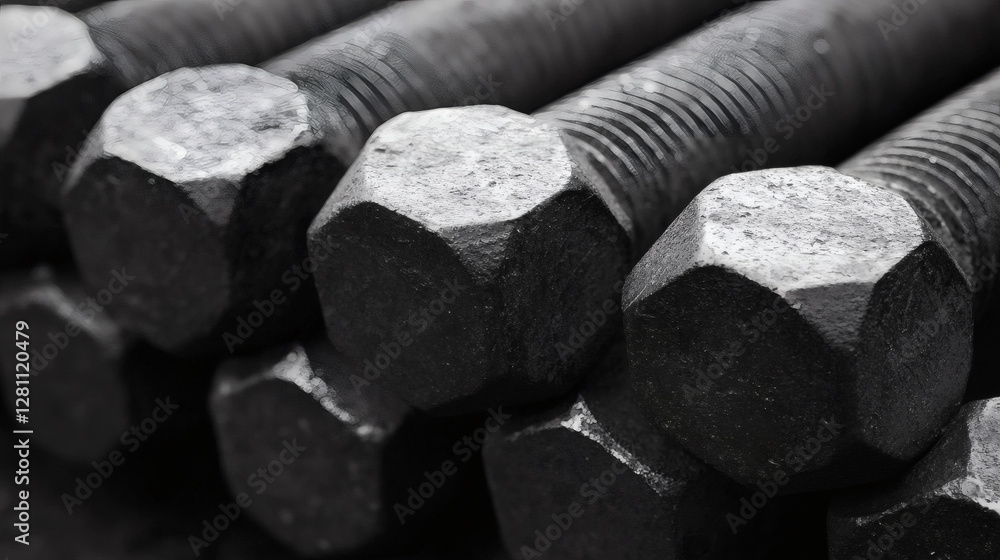 Poster A close-up view of hexagonal bolts, showcasing their metallic texture and threading, arranged neatly in rows on a dark background