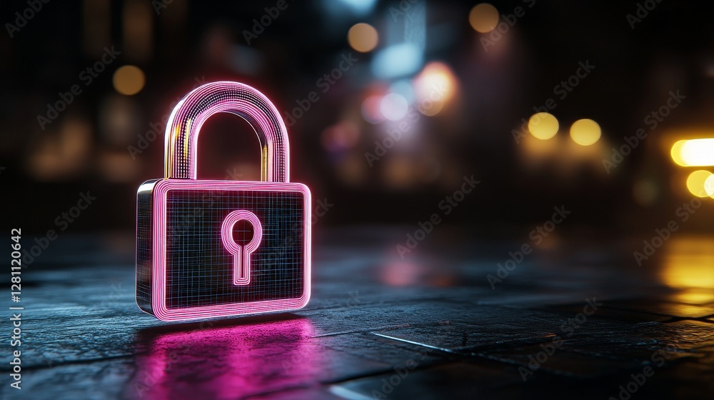 Poster minimalist digital keys hover over a glowing lock background in an abstract design. bright lighting 