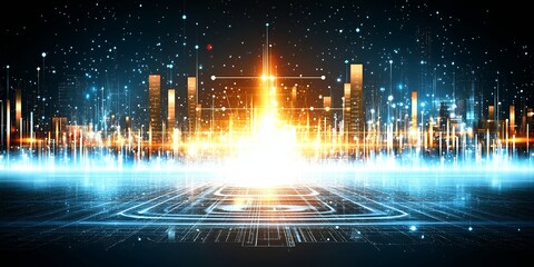 Fototapeta premium Futuristic Cityscape Digital Art Illuminated City at Night with Network Connections