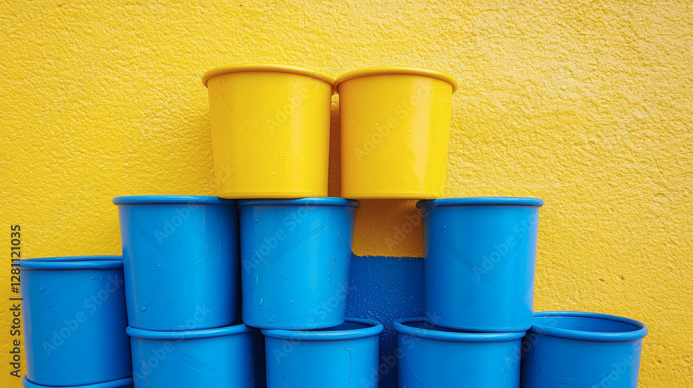Poster brightly colored buckets stacked against a vibrant yellow wall create a cheerful and playful atmosph