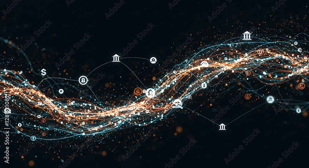 Poster data stream with digital icons flowing in a financial network