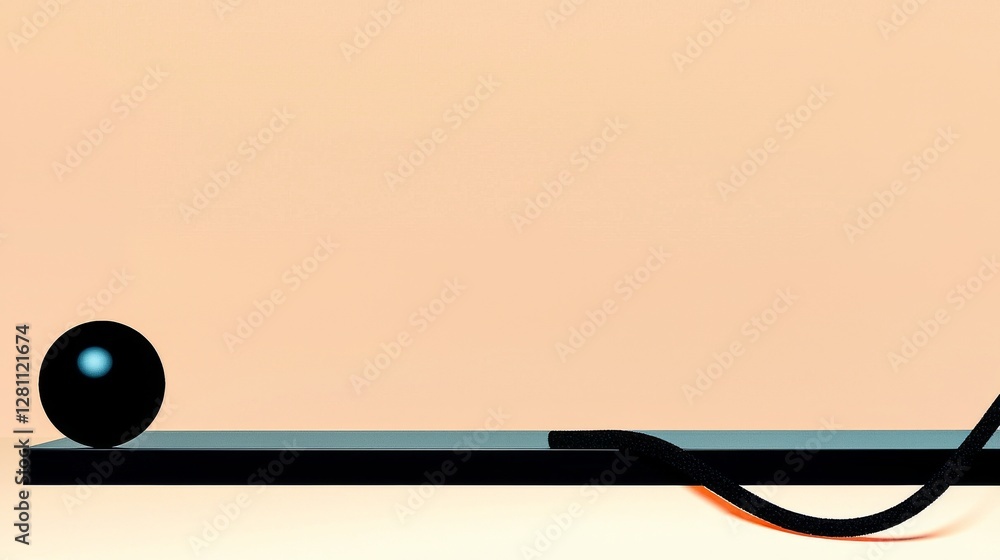 Poster a simple black circle placed at the center of a horizontal line, all set against a beige background