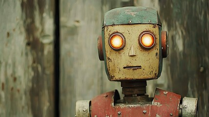 Against a backdrop of textured, abstract design, a vintage robot with distinctive glowing eyes and antennae takes center stage in this captivating illustration that embodies the retro-futuristic