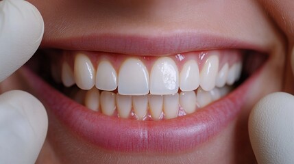 Fototapeta premium shot of a person's teeth during a professional teeth whitening treatment at a dental clinic. The image includes the dental equipment and the dentist's gloved hands applying the whitening gel