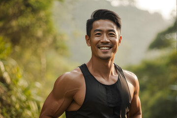 A man with a smile on his face is wearing a black tank top