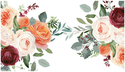 Vector floral watercolor bouquet frame, blush pink, coral Juliette rose, peach, ivory white roses, burgundy amaranth, eucalyptus greenery, forest fern, tender heather, border design © aura studio