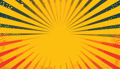 Pop art yellow background, vintage vector illustration, retro halftone rays, abstract radial burst, grunge texture backdrop, comic style explosion, classic sunburst, energetic pattern, banner