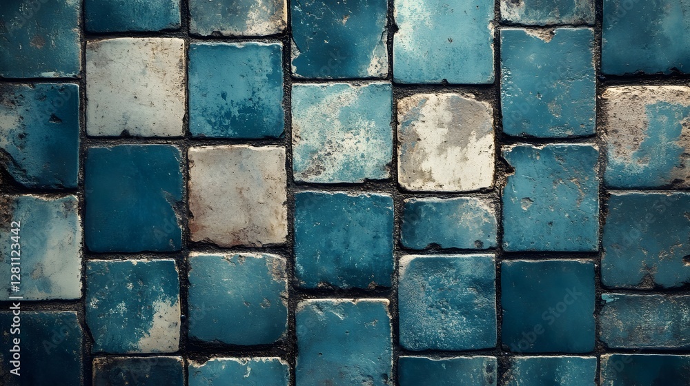 Poster Close-up of a distressed mosaic tile wall. Teal and white tiles create textured pattern backgrounds. Distressed Teal and White Mosaic Tile Wall Texture