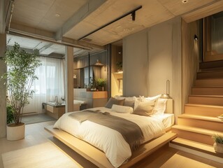 A modern bedroom with a minimalist design and cozy ambiance