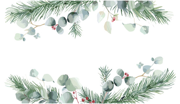 Watercolor Christmas card with fir branches, vector holiday background with copy space, winter greeting card, festive pine tree illustration, Merry Christmas template, seasonal design, New Year