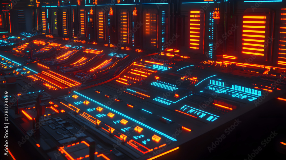 Poster dynamic control room interface futuristic technology digital display neon environment close-up view 