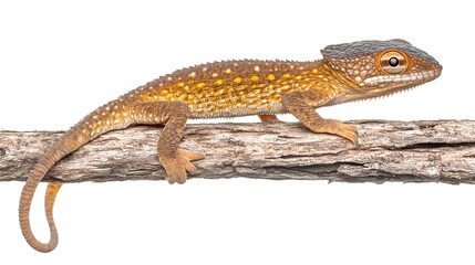 Naklejka premium Lizard on a Wooden Branch Isolated Against a White Background