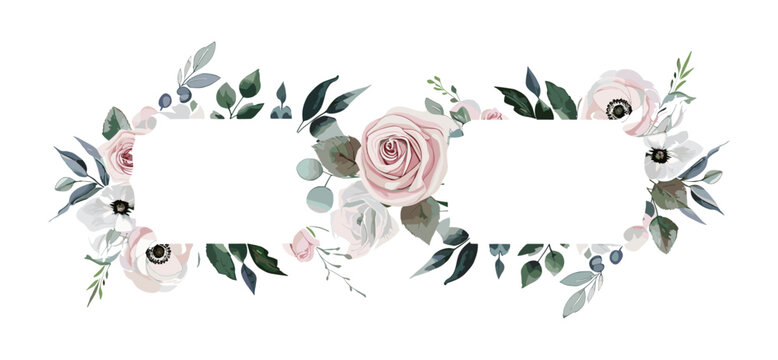 Watercolor vector flower frames set, pink roses, white anemones, lisianthus, seeded eucalyptus branches, greenery leaves, wedding invite, save the date, greeting card, editable template