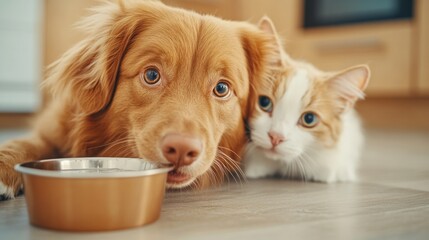 Playful dog and curious cat waiting for food in a cozy kitchen pet interaction domestic environment close-up view companionship