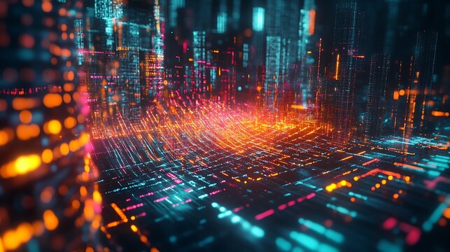 Abstract Digital Cityscape Illuminated With Vibrant Lights - Powered by Adobe