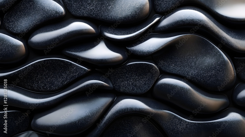 Poster 3D rendered abstract image featuring a dark, wave-like pattern. Smooth, curving black forms create a visually interesting texture. Abstract Dark Wave Pattern: 3D Render of Smooth, Curving Black Forms